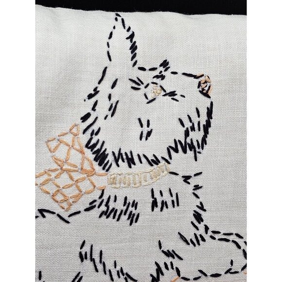 Vintage Hand Embroidered Scottish Terrier Scottie Dog Toss Pillow 12x8" Lace - Picture 2 of 11